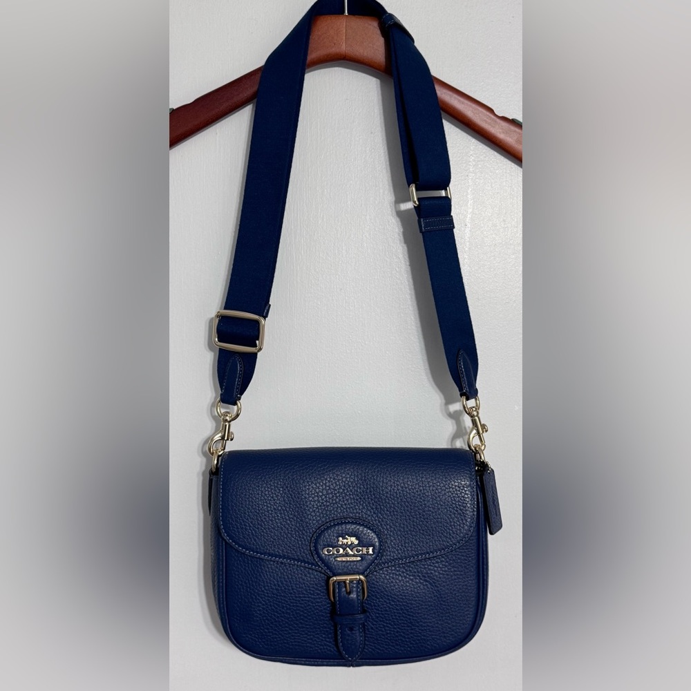 New w/o Tags Coach CP107 Amelia Crossbody Saddle Bag Gold/Deep Blue Adj, Strap